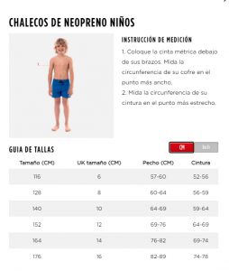 Chaleco neo jobe niño GUIA DE TALLAS