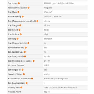 Tabla windsurf hinchable Unifiber FCD specs