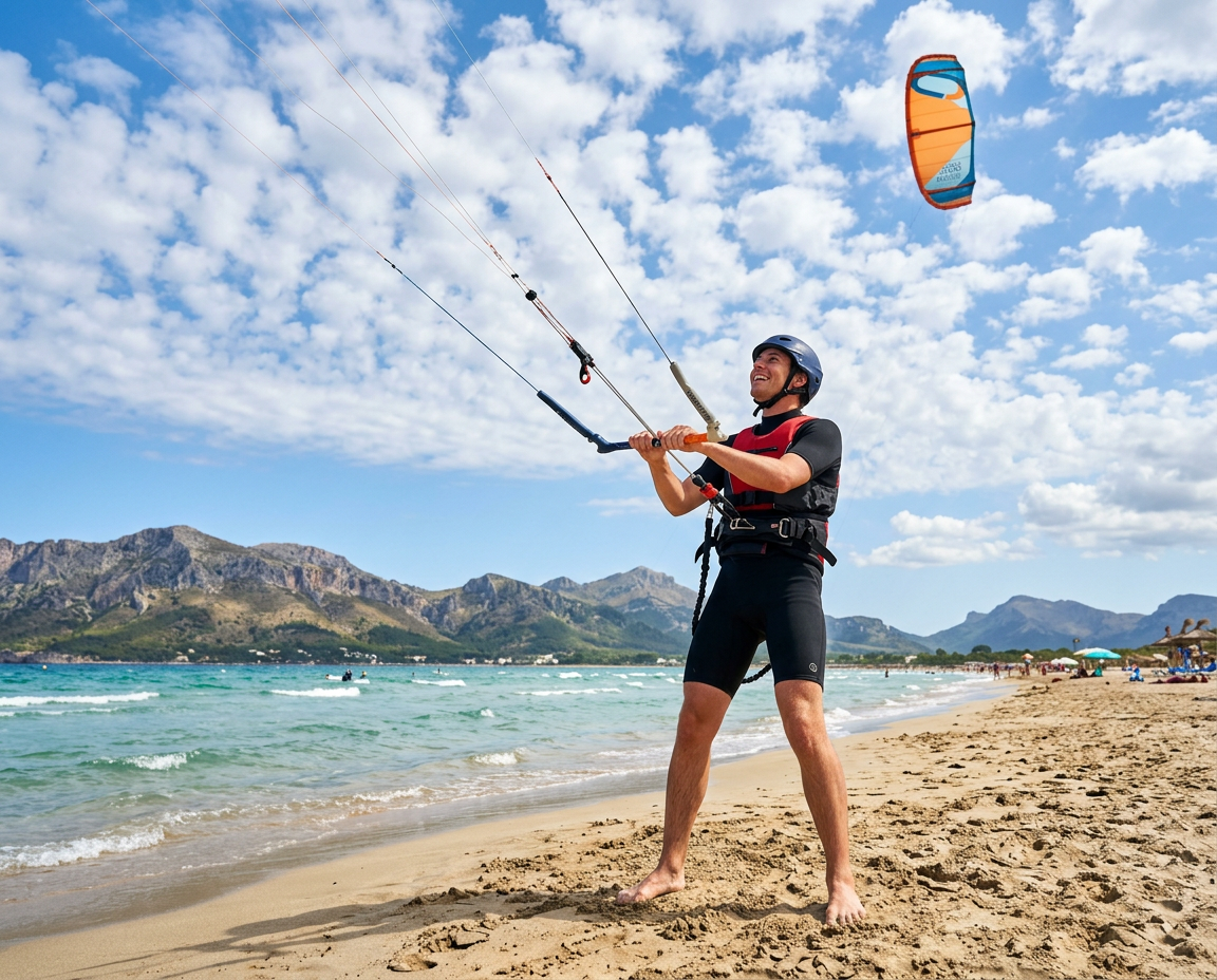 practicando kitesurf en mallorca